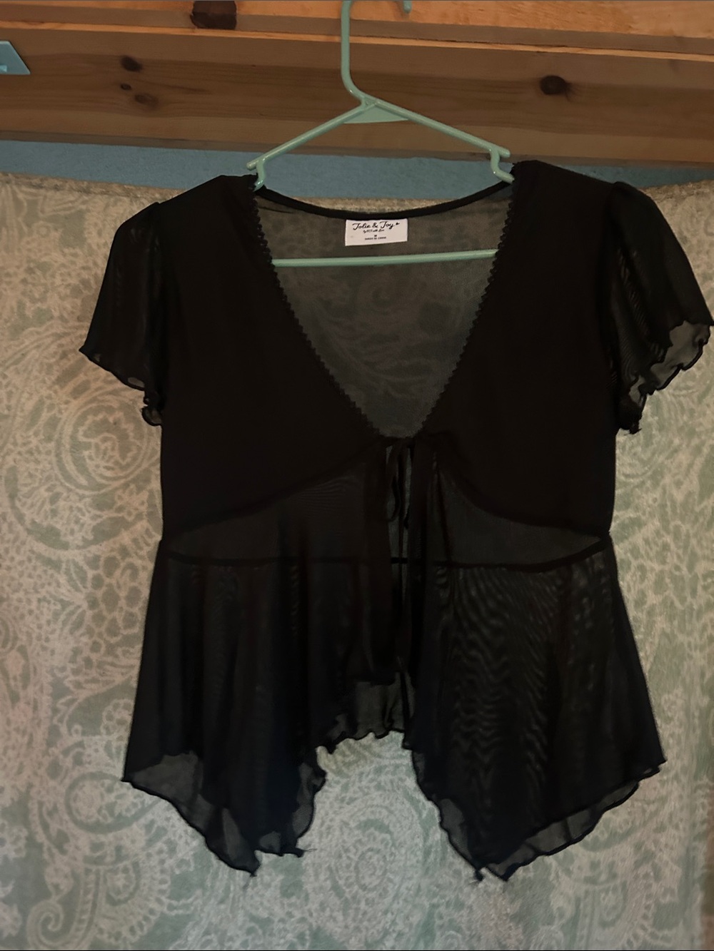 Tie-Front Sheer Short Sleeve Chemise Top - Black